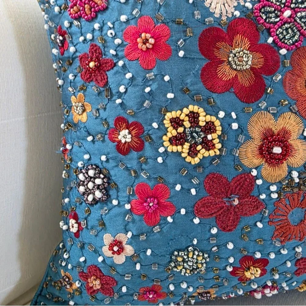 Pier 1 Imports Beaded Embroidered Floral Pillow Accent Pillow 14x14